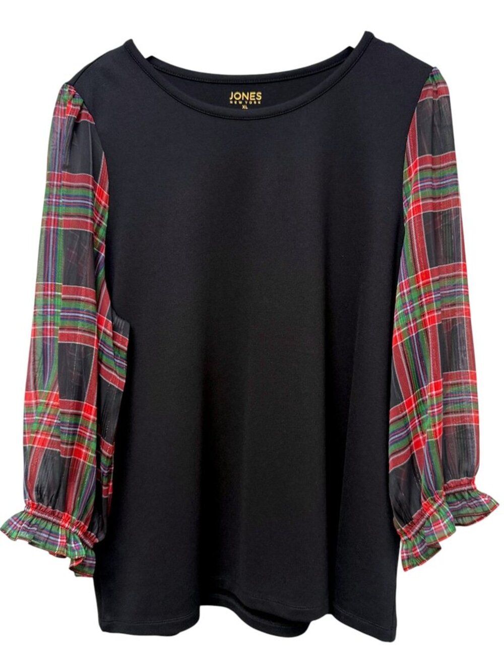 Jones New York Womens Top XL Black with Red Plaid Sheer Sleeves Holiday Tee